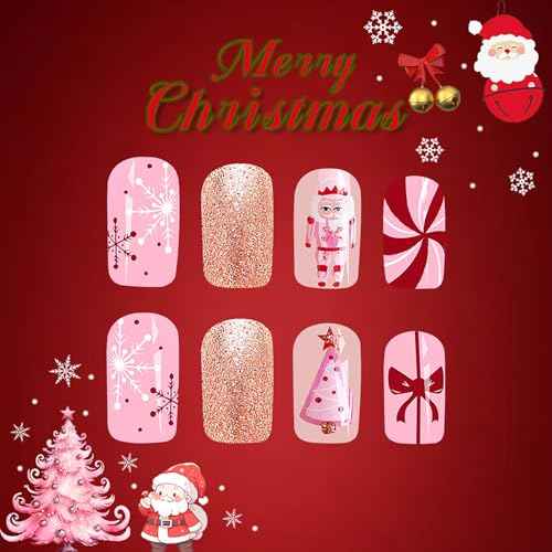 24 Pcs Pink Christmas Press on Nails Short Square Fake Nails Christmas False Nails with Candy Cartton Designs Glitter Xmas Nails Press ons Square Nail Artificial Acrylic Stick on Nail for Women