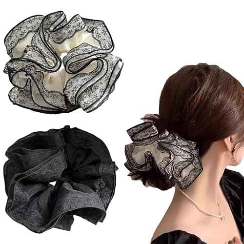 2 Pieces Lace Organza Scrunchies Large Hair accessories for Women girls Elegant lace hair ties ponytail thick curly hairs (Black)