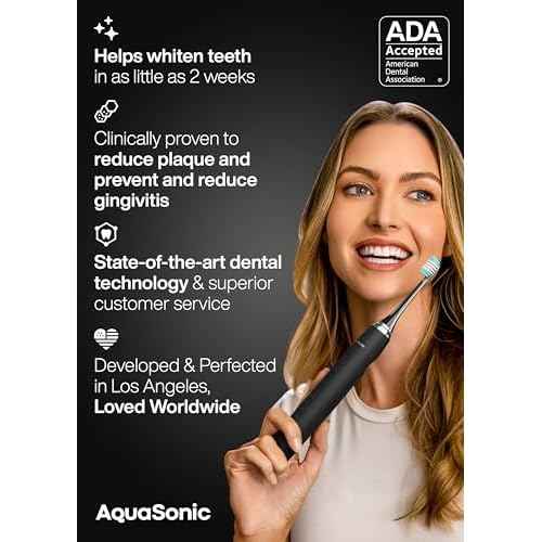 Aquasonic Black Series Ultra Whitening Toothbrush ? ADA Accepted Electric Toothbrush- 8 Brush Heads & Travel Case ? 40,000 VPM Electric Motor & Wireless Charging - 4 Modes w Smart Timer