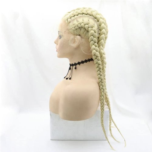 Kalisa 613 Blonde Braid Wig Fully Handmade Blonde 5 Braids Wig Synthetic Blonde Lace Wig with Baby Hair Heat Resistant Fiber 5 Braided Daily Makeup Wigs for Women 24 Inch