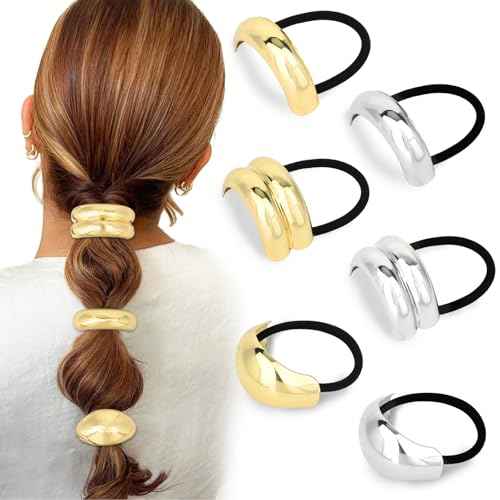 6pcs Gold and Silver Hair Ties for Women Metal Ponytail Holders Elastic Ties HairCuff Metal Geometric Scrunchies for Thick Thin Hair Fashion Accessories for Women Girls