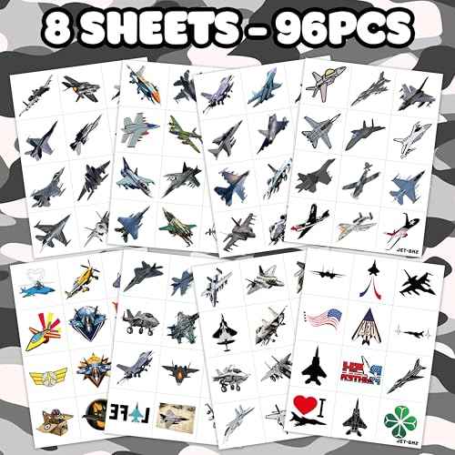 96PCS Jet Temporary Tattoos Pre-Cut Fighter Jet Birthday Party Decorations Party Favors Supplies Aircraft Plane Airplane Military Tattoos Stickers for Kids Boys Girls Gifts (Normal)