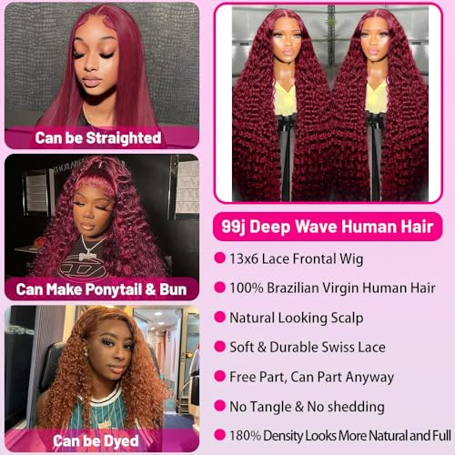 99j Burgundy Lace Front Wigs Human Hair 13x6 Deep Wave Lace Front Wigs Human Pre Plucked 180 Density HD Transparent Red Colored Wigs for Women with Baby Hair 20 Inch