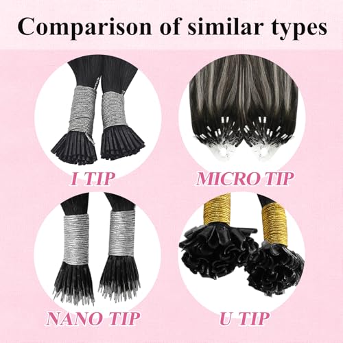 YoungSee Micro Loop Hair Extensions Real Human Hair Ombre Microlink Hair Extensions Balayage Black with Silver Bead Hair Extension Human Hair Straight 24 Inch 50g 50s