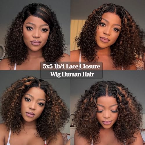 5x5 HD Lace Closure Wigs Human Hair 180% Density 1B/4 Highlight Bob Wig Human Hair Glueless Wigs Pre Plucked Short Curly Human Hair Wig Bleached Knots Ready to Wear (14inches)