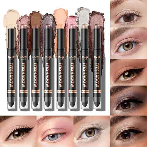 LANGMANNI 8Colors Dual-Ended Cream Eyeshadow Stick Set ? Silky Smooth, Waterproof & Transfer-Proof, Built-in Blender Brush, All-Day Matte & Shimmer Wear Eye Makeup(#A)