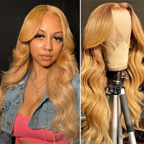 ALHER #27 Honey Blonde Lace Frontal Wig Human Hair Body Wave 180% Density, Blonde Colored 13x4 HD Lace Front Wig Pre Plucked With Baby Hair Ear to Ear, 100% Virgin Remy Hair for Black Women 22 IN