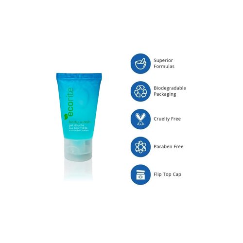Ecorite Body Wash with Cucumber-Melon Fragrance, Travel Size Hotel Amenities Biodegradable/Recyclable Tube, 1 fl oz/30 ml, Pack of 288