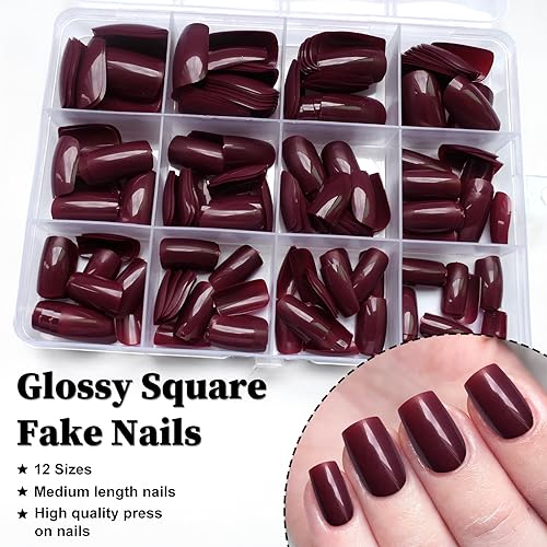 LoveOurHome 240pc Christmas Wine Red Press on Nails Medium Square Fake Nails Press ons Square Nail Tips Gel False Nails Presson Artificial Fingernails & Glue Adhesive Tabs Women Girls Manicure Decor