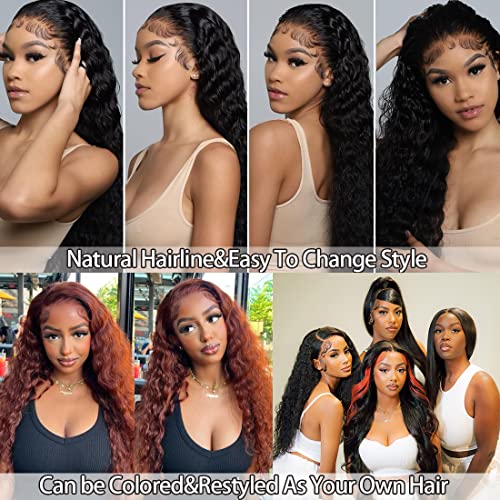 13x6 Deep Wave Lace Front Wigs Human Hair Wigs HD Transparent Deep Curly Lace Frontal Glueless Wigs Human Hair Lace Front Wigs Pre Plucked 200% Density Natural Black 24 Inch