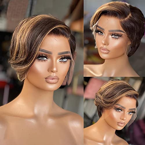 13x4 Pixie Cut Short Bob Wig Highlight Honey Blonde Brown Color Straight Short Bob Transparent Lace Front Human Hair Wigs For Women Brazilian Virgin Hair 150 Density Pre Plucked