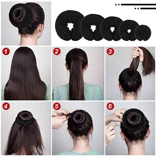 Yinder 34 Pcs Donut Hair Bun Maker Updo Set Includes Black Donut Bun Makers Small & Large Sponge Foam Hair Sponges Elastics Bands Hairpins for Hairstyle DIY