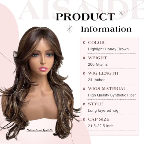 Aisaide Highlight Honey Brown Mix Dark Blonde Long Wavy Wig Layered with Curtain Bangs for Black Women Synthetic Highlight Brown Layered Wig Long Wavy Shaggy for Women 24inch