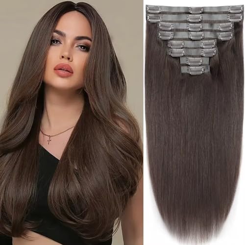 Seamless Clip in Hair Extensions Human Hair 120g 8pcs Straight Dark Brown Clip in Hair Extensions for Women 100% Remy Human Hair Extensions(20inch,#2 Dark Brown)