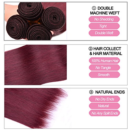 99j Burgundy human hair Straight Hair 10 12 14 with 10closure 8A Brazilian Virgin Hair 99j Burgundy Straight Hair Weaves Bundle Free Part Red Wine Color 100% Unprocessed Human Hair Weft Weaves
