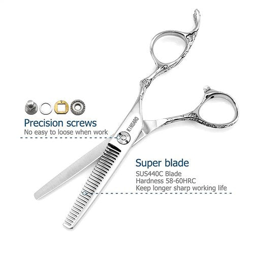 5.5" Barber Scissors Set Hair Scissors Professional Hair Cutting Shears Japan 440C Thinning Shears Convex 440C Blades Kinsaro