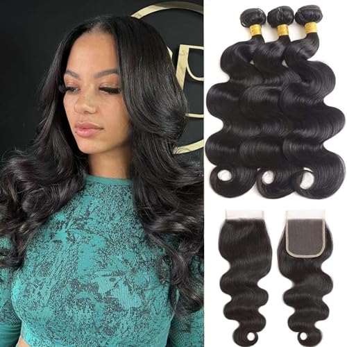 Body Wave Human Hair Bundles with Closure 10A Brazilian Human Hair 3 Bundles with 4x4 HD Lace Closure Free Part 100% Unprocessed Virgin Hair Natural Color£¨18 20 22+16 Inch£¬Body Wave£©