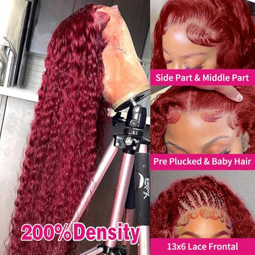 99J Burgundy Deep Wave 13x6 Lace Front Wigs Human Hair 200% Density Lace Frontal Wigs Human Hair Pre Plucked 99j Burgundy Deep Curly Wave HD Lace Front Wigs for Women (16Inch)