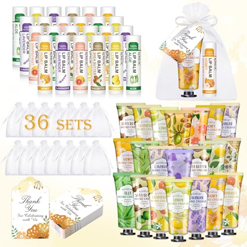 36 Pack Hand Cream Bulk and Lip Balm Bulk Sets, Stocking Stuffers for Women, Thank You Gifts and Christmas Gifts for Guests with Thank You Card Organza Bags, Birthday Gifts, Bulk Gifts, Small Gifts