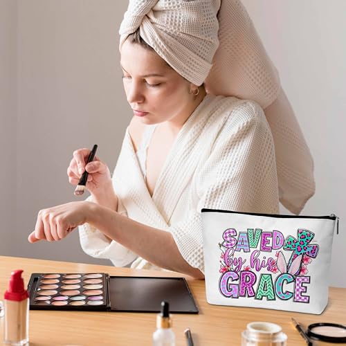 ONDTOM Happy Easter Gifts for Women Friends, Easter Bunny Makeup Bag, Saved By His Grace Teacher Appreciation Gifts -B14