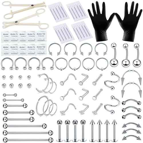 94PCS Mixed-pack Piercing Kits for All Body Piercings Stainless Steel 14G 16G 20G Jewelry and Needle with Tools Nose Septum Lip Ear Belly Button Cartilage Tragus