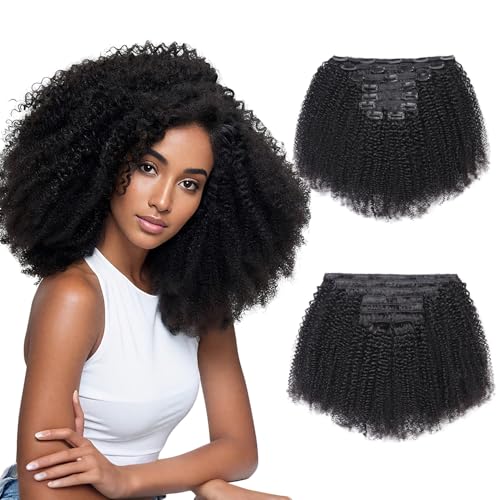Afro Kinky Curly Clip In Hair Extensions Human Hair for Black Women 8Pcs 20 Clips Brazilian Virgin Remy Hair 4B 4C Natural Black Double Weft Thick Ends 120g Soft & Scalp-Friendly 22 Inch