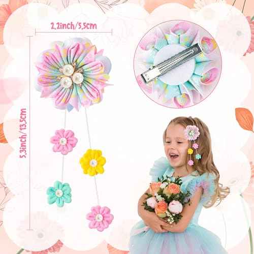 Flower Ribbon Bows Clips - 10pcs Colorful Flower Hair Accessories Grosgrain Ribbon Bows Alligator Clips Pendants Barrettes Hair Accessories Baby Girls Toddlers Kids Teens(5 Designs in Pairs)