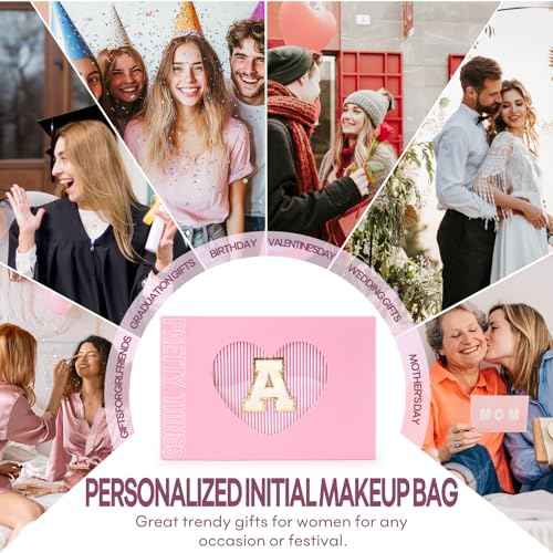2 PCS Initial Makeup Bags for Women: Cosmetic Bag for Travel Toiletry - Birthday Gifts for 11 12 13 14 15 16 17 18 Years Old Girl Graduation Teacher Gift- Teen Girl Gifts Trendy Stuff - Pink A