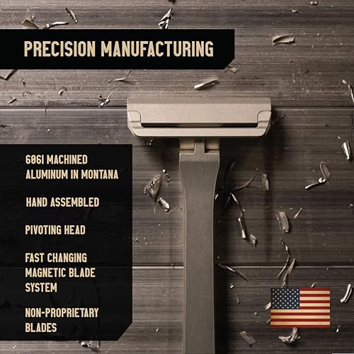 Proof Single Blade Razor for Men Pivoting Head Made in USA - CNC Machined Aluminum Easy Blade Replacement - Includes Genuine Leather Travel Case and Safety Razor Blades