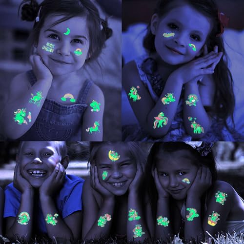 15 Sheets Unicorn Glow in The Dark Temporary Tattoos for Kids Girls Toddler Cute Fun Glitter Night Luminous Waterproof Fake Tattoo Sticker For Children Birthday Gifts Party Supplies Favor