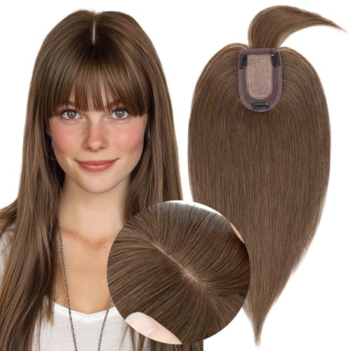 MY-LADY Human Hair Toppers for Women Real Human Hair with Bangs Thin 7 * 13CM Silk Base with Lace Clip in Straight Remy Hairpieces 150% Density 12 Inch Medium Brown