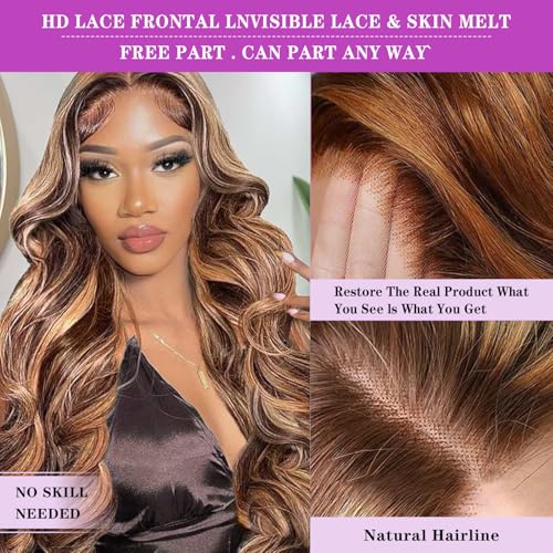 Ombre Lace Front Wig Human Hair 4/27 13x4 HD Body Wave Highlight Lace Front Wig Human Hair Pre Plucked With Baby Hair 24Inch Glueless Lace Front Wigs 180% Density