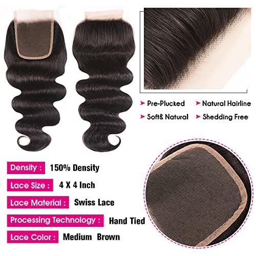 Body Wave Bundles with Closure Brazilian Human Hair 3 Bundles with Closure£¨14 16 18+12£©Body Wave 100% Unprocessed Virgin Hair Bundles with 4x4 Lace Closure Free Part Natural Black Color