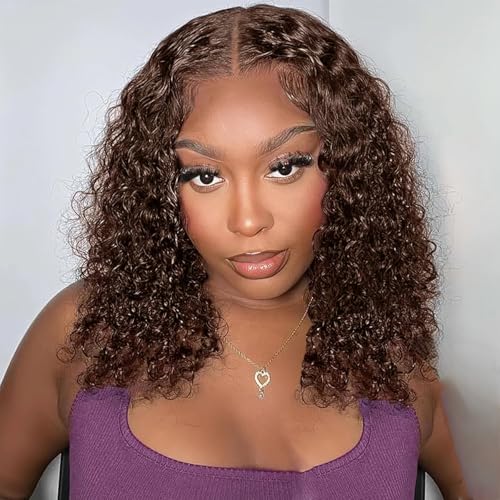 16 Inch Short Curly Bob Wigs Human Hair 13x4 Deep Wave Lace Front Wigs Human Hair for Black Women HD Lace Front Wigs Human Hair Pre Plucked with Baby Hair Chocolate Brown