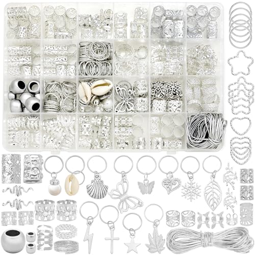 Fscwlmon 309Pcs Hair Jewelry for Women Braids,Hair Loc Cuff Coils Rings for Dreadlock Accessories,Locs Hair Tube Beads Decorations,Braid Clips Hair Charms Braids Accessories Silvery
