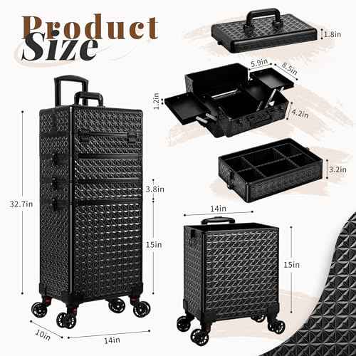AROUS 5 in 1 Rolling Makeup Train Case Cosmetology Case on Wheels Large Cosmetic Organizer Travel Cart for Hairstylist Artist Nail Beauty Salon Barber,Black