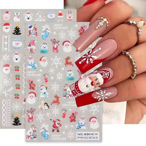 Christmas Nail Art Stickers 3D Snowflake Snowman Nail Stickers 6PCS Santa Claus Bear Elk Winter Christmas Adhesive Decals New Year Design Slider Nail Art Supplies for Xmas Manicure Nail Decorations