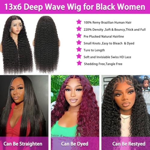 Deep Wave Lace Frontal Wigs Human Hair Pre Plucked Wet and Wavy 13X6 Lace Front Wigs Human Hair Glueless Brazilian Natural Black Deep Curly Wigs for Black Women 210% Density 18Inch