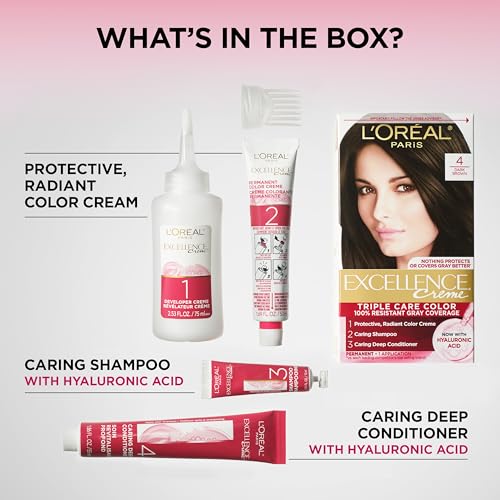 L'Oreal Paris Excellence Cr?me Permanent Hair Dye, Triple Care Hair Color with Pro-Keratine Complex for 100% Gray Hair Coverage, 4 Dark Brown, 1 Kit