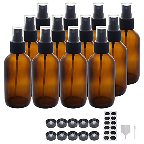 12 Pack 4 oz Amber Glass Spray Bottles 4oz Fine Mist Spray Bottle For Essential Oils, Perfumes, Alcohol, Watering Flowers, Cosmetic Spray Bottle, Refillable Liquid Containers