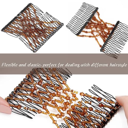 5 Pieces Magic Hair Comb Stretchy Double Comb Elastic Beaded Hair Clips for Women Girls Vintage Hairstyle Multipurpose Hair Accessories (Black, Brown, White, Pink,Blue)