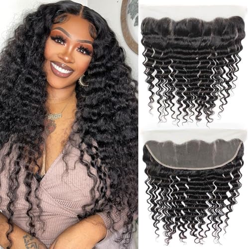 13x6 Frontal Human Hair Deep Wave HD Transparent Ear to Ear 18 Inch Lace Frontal Closure With Baby Hair Free Part 100% Virgin Human Hair Natural Black