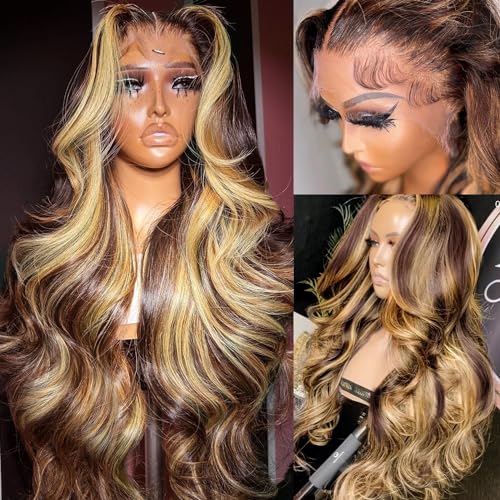AMIRTY Highlight Ombre Lace Front Wig Human Hair Honey Blonde Body Wave 13x6x1 HD Lace Front Wigs Human Hair Pre Plucked 250 Density Brown 4/27 Colored Lace Frontal Glueless Wigs for Women 20 Inch