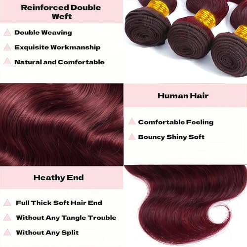 Burgundy Bundles Human Hair 24 26 28 Inch 3 Bundles Body Wave Human Hair Extensions for Women Double Weft Weave Brazilian Bundles Human Hair 99J Color