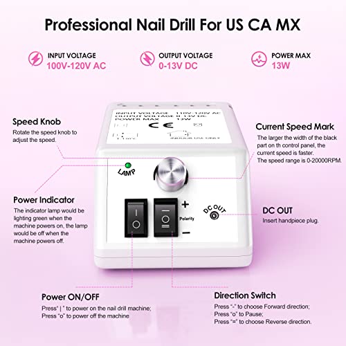 Professional Nail Drill Machine 20000RPM Efile Electric Nail Filer Kit for Finger Toe Nails, Acrylic Gel Nails Manicure Pedicure, with 6Pcs Nail Bits and 106Pcs Sanding Bands - White
