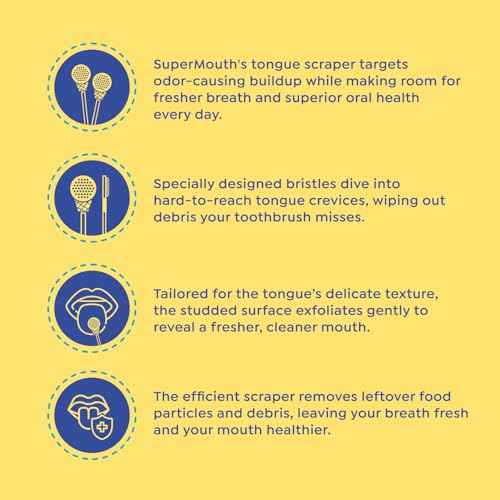SuperMouth¢ç Single Scoop Tongue Scraper for Toddlers & Kids Ages 2-5 ? Dual-Sided Brush & Scraper Removes Odor-Causing Buildup, Fights Bad Breath, Gentle Easy-Grip Design, 3 Scents, Early Oral Care