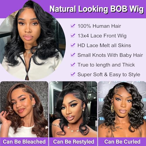 Hihmarm Body Wave Bob Wig Human Hair 13x4 Hd Lace Frontal Wigs Human Hair Pre Plucked Loose Wave Bob Lace Front Wigs For Black Women 180% Density Glueless Wig Natural Black 16 Inch