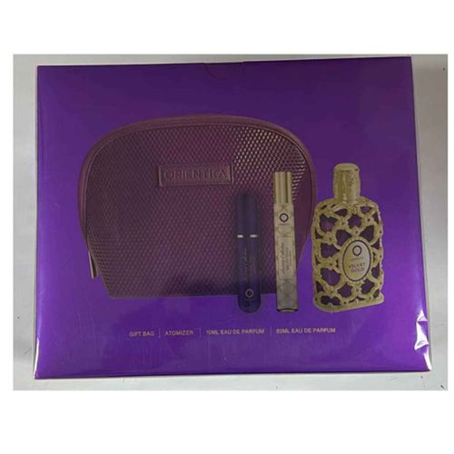Orientica Al Haramain Velvet Gold 4-Piece Gift Set for Women, (2.7 Oz Eau De Parfum Spray + 0.33 Oz Eau De Parfum Spray + Atomizer + Bag) Luxury Collection