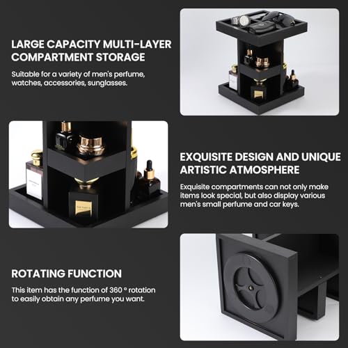 EXIN DECHEN Cologne Organizer for Men,Cologne Stand,3 Tier Large Capacity Wood Perfume Shelf with Rotate,Desk & Nightstand Organizer,Mens Husband Birthday Gifts Ideas,Christmas Gifts for Men(Black)