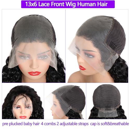 Lemoda 13x6 Water Wave Lace Front Wigs Human Hair 22 inch HD Lace Brazilian 15A Deep Wave Frontal Wigs 180% Density 13x6 Curly Human Hair Wig with Baby Hair Glueless Water Wave Wig For Black Women